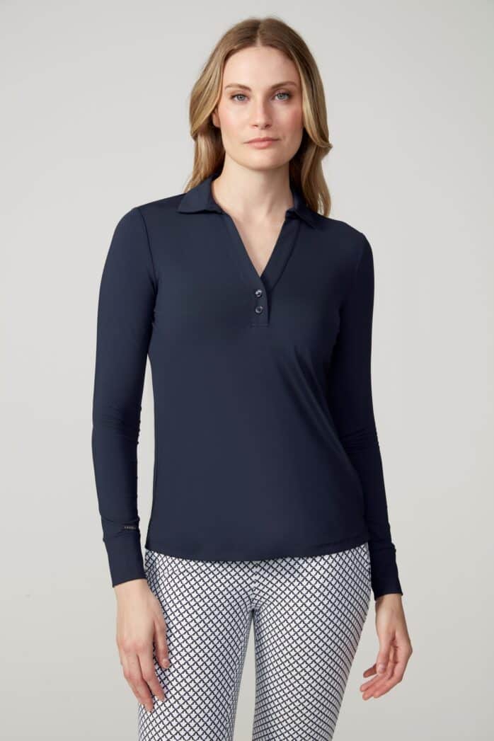 SOLID LONG SLEEVE COLLARED VELOCITY TOP | SWING CONTROL